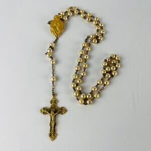 Our Lady of Lourdes Rosary St. Bernedette Gold Tone Faux Pearl